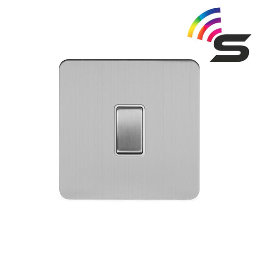 The Lombard Collection Brushed Chrome Flat Plate 1 Gang 150W Smart Rocker Switch White Insert
