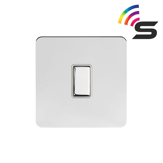 The Finsbury Collection Polished Chrome Flat Plate 1 Gang 150W Smart Rocker Switch White Insert