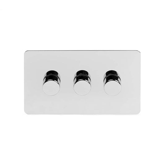 The Finsbury Collection Polished Chrome Flat Plate 3 Gang 2 -Way Intelligent Dimmer 150W LED (300w Halogen/Incandescent)