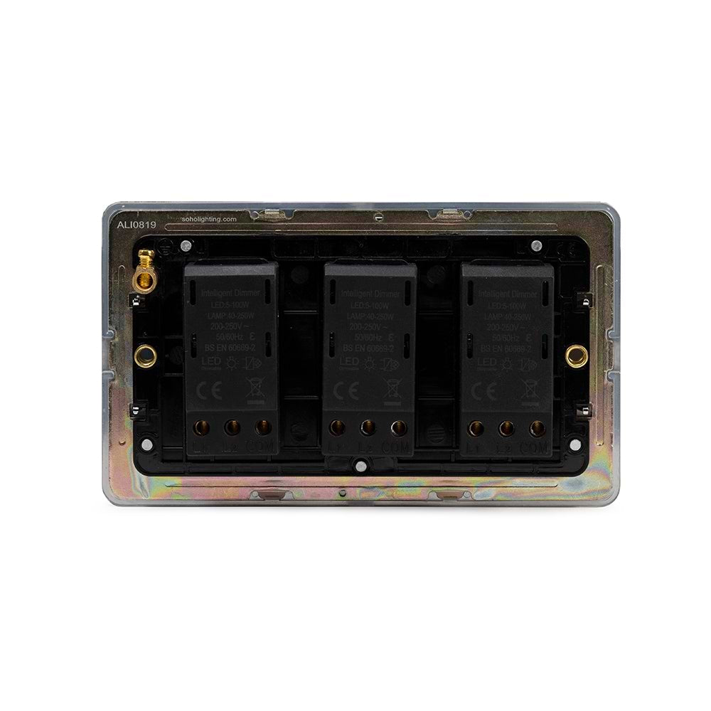 The Finsbury Collection Polished Chrome Flat Plate 3 Gang 2 -Way Intelligent Dimmer 150W LED (300w Halogen/Incandescent)