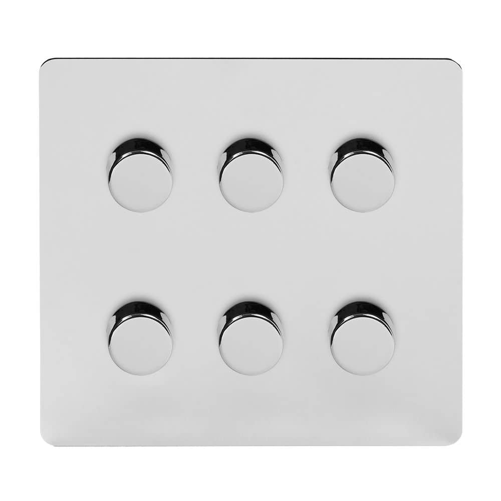 The Finsbury Collection Polished Chrome Flat Plate 6 Gang 2 -Way Intelligent Dimmer 150W LED (300w Halogen/Incandescent)