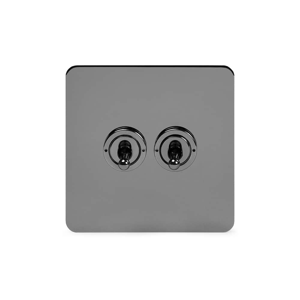 The Connaught Collection Black Nickel Flat Plate 20A 2 Gang Intermediate Toggle Switch Screwless