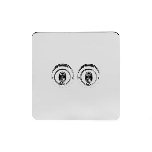 The Finsbury Collection Polished Chrome Flat Plate 20A 2 Gang Intermediate Toggle Switch Screwless