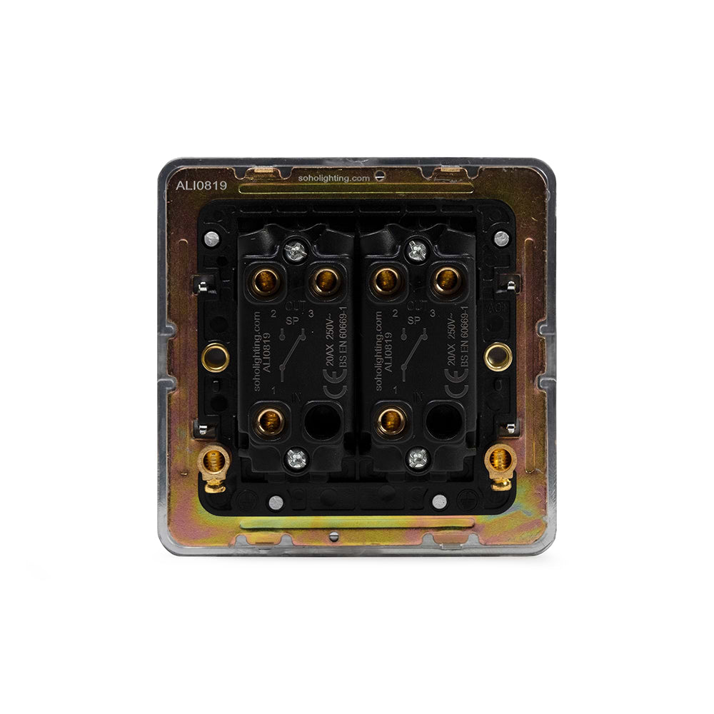 The Finsbury Collection Polished Chrome Flat Plate 20A 2 Gang 2 Way Toggle Switch Screwless