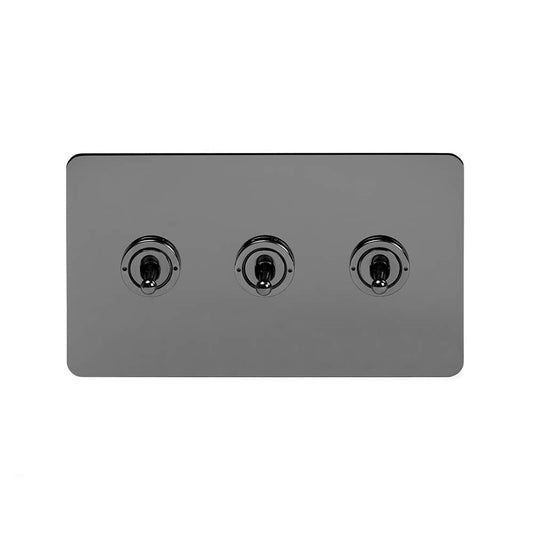 The Connaught Collection Black Nickel Flat Plate 20A 3 Gang Intermediate Toggle Switch Screwless