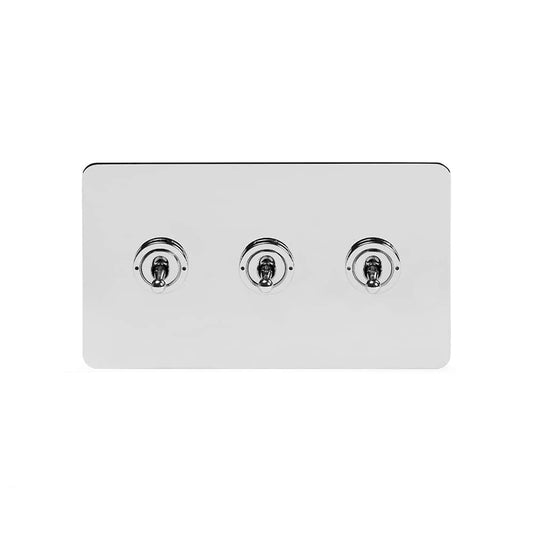 The Finsbury Collection Polished Chrome Flat Plate 20A 3 Gang Intermediate Toggle Switch Screwless