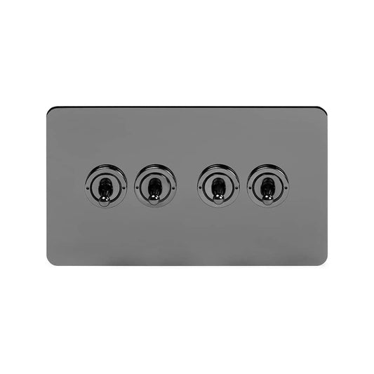 The Connaught Collection Black Nickel Flat Plate 20A 4 Gang 2 Way Toggle Switch Screwless