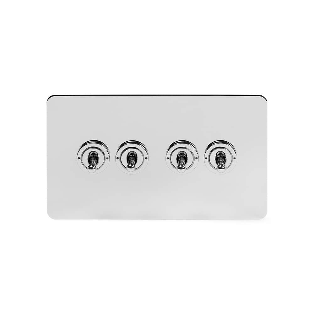 The Finsbury Collection Polished Chrome Flat Plate 20A 4 Gang Intermediate Toggle Switch Screwless