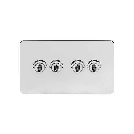 The Finsbury Collection Polished Chrome Flat Plate 20A 4 Gang Intermediate Toggle Switch Screwless