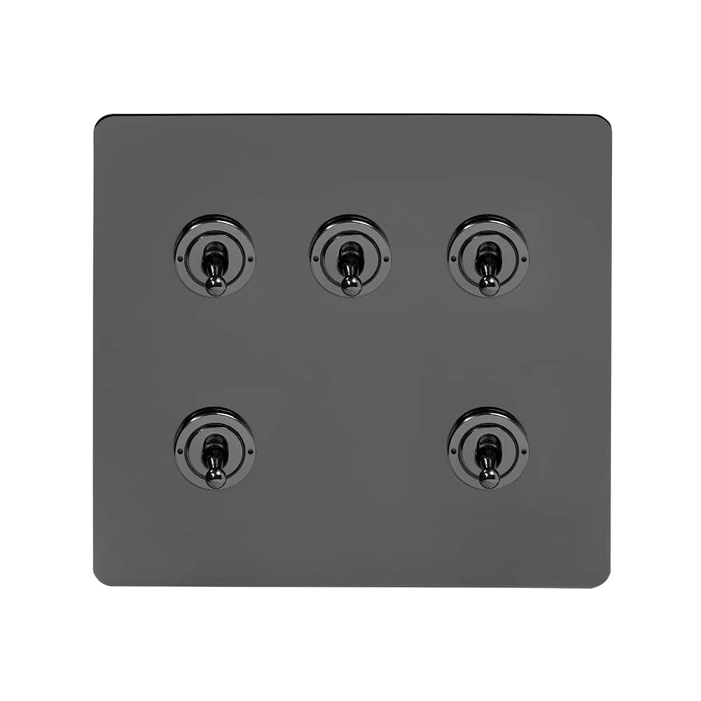 The Connaught Collection Black Nickel Flat Plate 5 Gang Toggle Light Switch 20A 2 Way Screwless