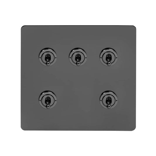 The Connaught Collection Black Nickel Flat Plate 5 Gang Toggle Light Switch 20A 2 Way Screwless