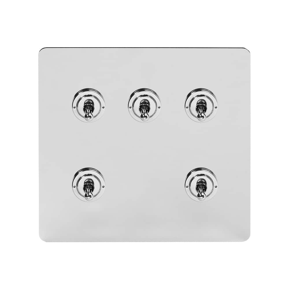 The Finsbury Collection Polished Chrome Flat Plate 5 Gang Toggle Light Switch 20A 2 Way Screwless