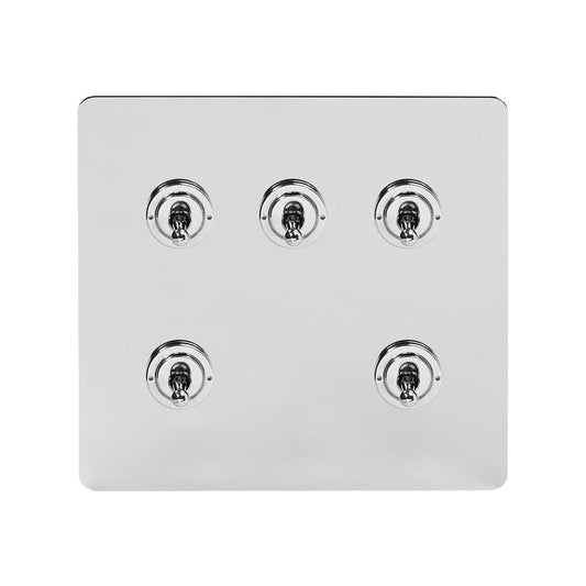 The Finsbury Collection Polished Chrome Flat Plate 5 Gang Toggle Light Switch 20A 2 Way Screwless
