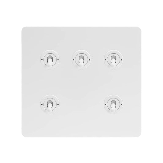 The Eldon Collection White Metal Flat Plate 5 Gang Toggle Light Switch 20A 2 Way Screwless