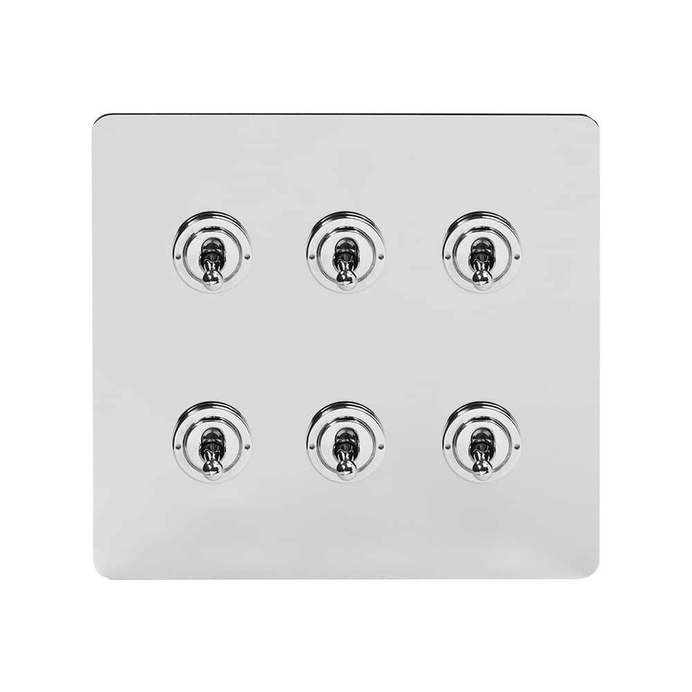 The Finsbury Collection Polished Chrome Flat Plate 6 Gang Toggle Light Switch 20A 2 Way Screwless
