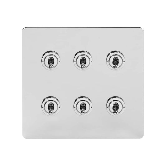 The Finsbury Collection Polished Chrome Flat Plate 6 Gang Toggle Light Switch 20A 2 Way Screwless