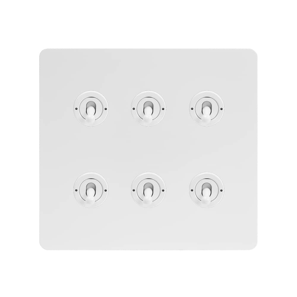 The Eldon Collection White Metal Flat Plate 6 Gang Toggle Light Switch 20A 2 Way Screwless