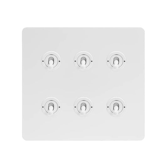 The Eldon Collection White Metal Flat Plate 6 Gang Toggle Light Switch 20A 2 Way Screwless
