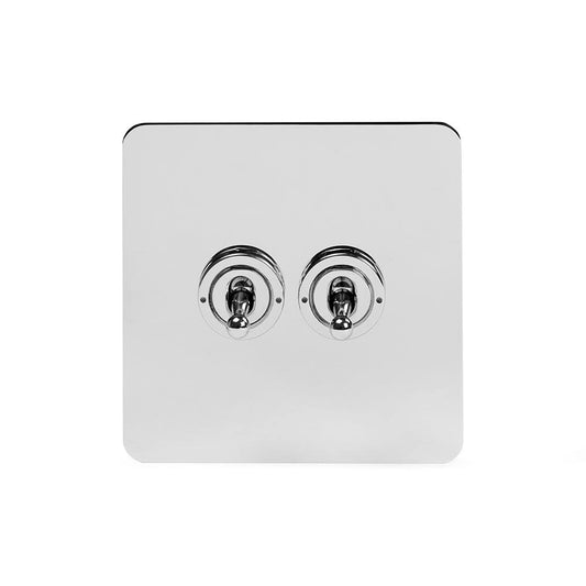 The Finsbury Collection Polished Chrome Flat Plate 2 Gang Retractive Toggle Switch Screwless