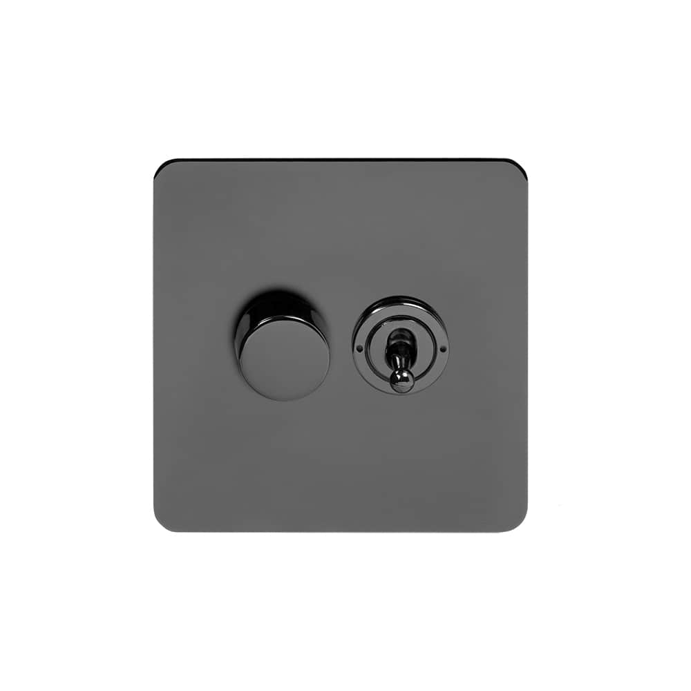The Connaught Collection Black Nickel Flat Plate 2 Gang Dimmer and Toggle Switch Combo (1x150W LED Dimmer 1x20A 2 Way Toggle)