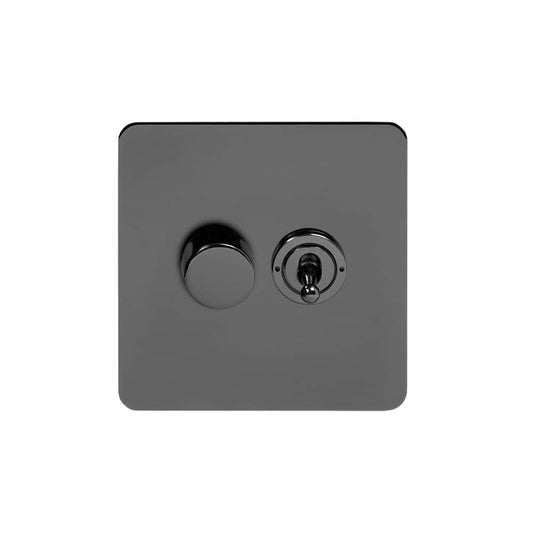 The Connaught Collection Black Nickel Flat Plate 2 Gang Dimmer and Toggle Switch Combo (1x150W LED Dimmer 1x20A 2 Way Toggle)