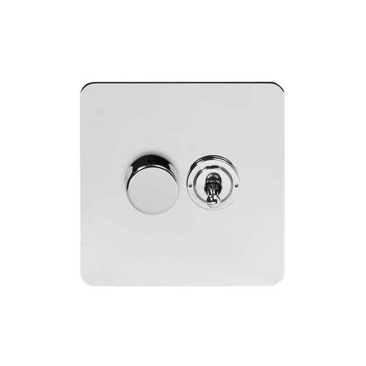 The Finsbury Collection Polished Chrome Flat Plate 2 Gang Dimmer and Toggle Switch Combo (1x150W LED Dimmer 1x20A 2 Way Toggle)