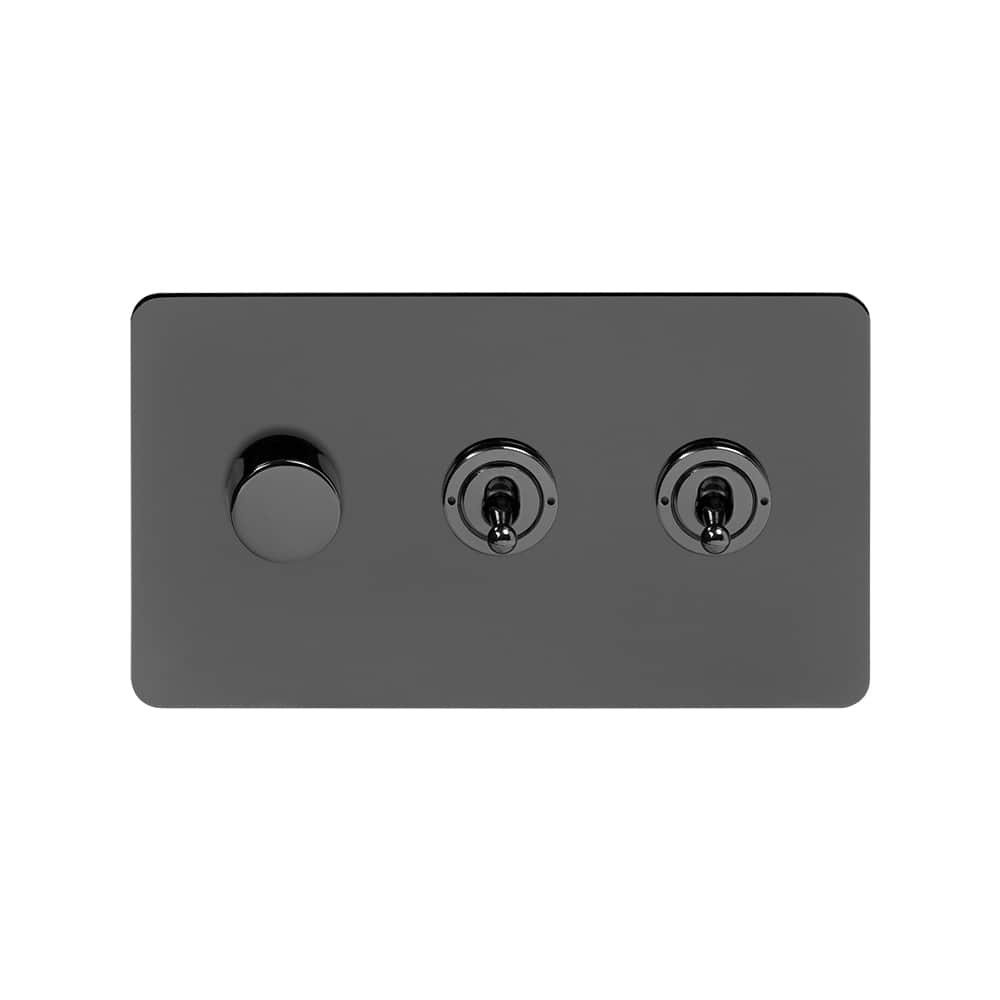 The Connaught Collection Black Nickel Flat Plate 3 Gang Switch with 1 Dimmer (1x150W LED Dimmer 2x20A 2 Way Toggle)