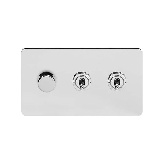 The Finsbury Collection Polished Chrome Flat Plate 3 Gang Switch with 1 Dimmer (1x150W LED Dimmer 2x20A 2 Way Toggle)