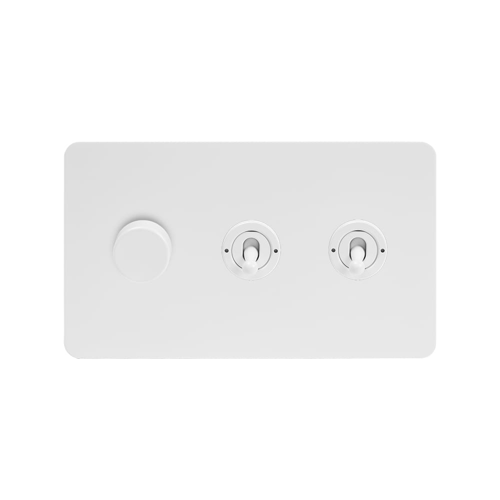 The Eldon Collection White Metal Flat Plate 3 Gang Switch with 1 Dimmer (1x150W LED Dimmer 2x20A 2 Way Toggle)