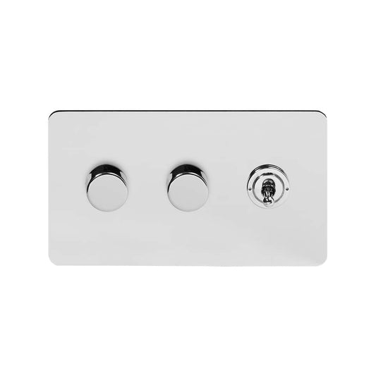 The Finsbury Collection Polished Chrome Flat Plate 3 Gang Switch with 2 Dimmers (2x150W LED Dimmer 1x20A 2 Way Toggle)