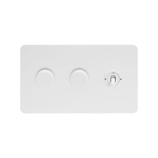 The Eldon Collection White Metal Flat Plate 3 Gang Switch with 2 Dimmers (2x150W LED Dimmer 1x20A 2 Way Toggle)