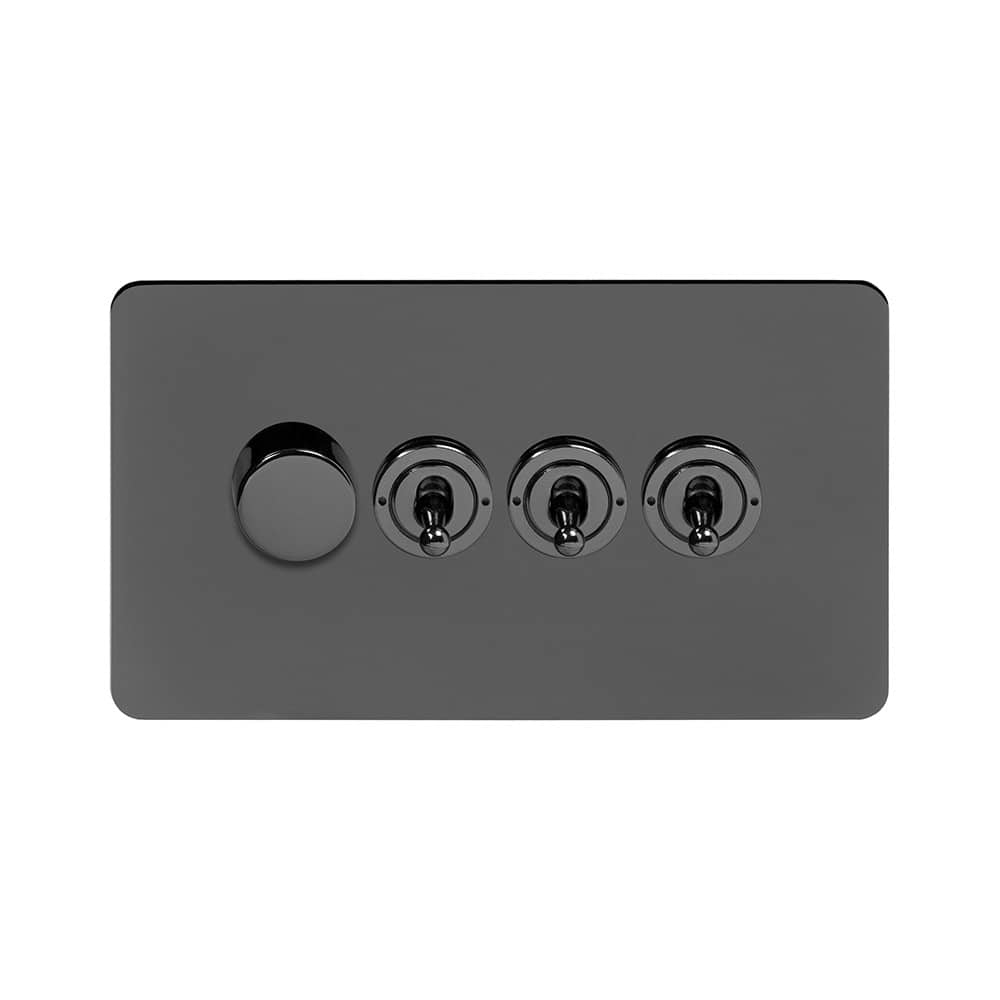 The Connaught Collection Black Nickel Flat Plate 4 Gang Switch with 1 Dimmer (1x150W LED Dimmer 3x20A 2 Way Toggle)