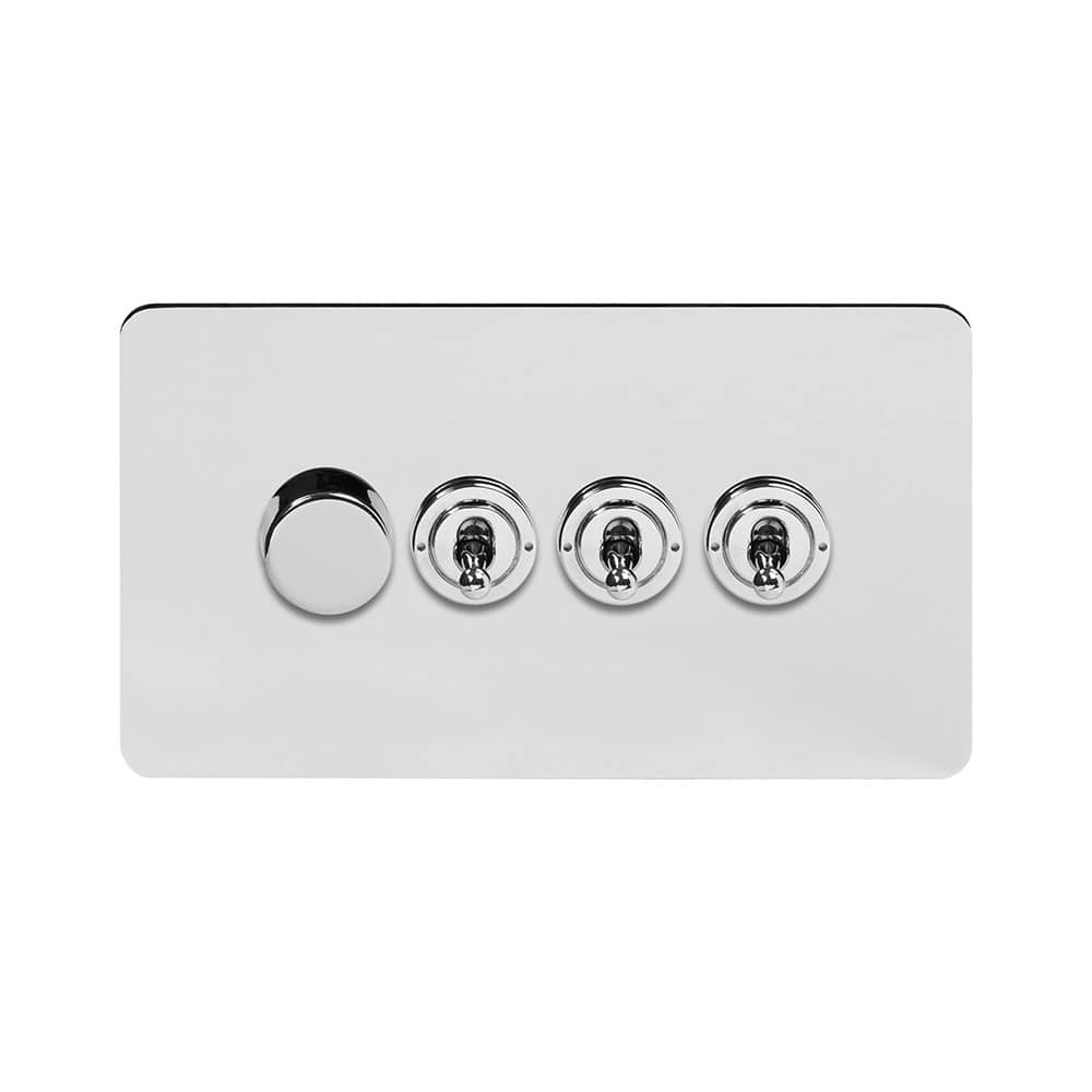 The Finsbury Collection Polished Chrome Flat Plate 4 Gang Switch with 1 Dimmer (1x150W LED Dimmer 3x20A 2 Way Toggle)