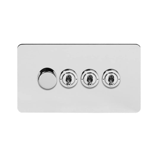 The Finsbury Collection Polished Chrome Flat Plate 4 Gang Switch with 1 Dimmer (1x150W LED Dimmer 3x20A 2 Way Toggle)