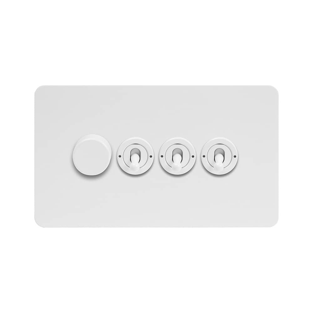 The Eldon Collection White Metal Flat Plate 4 Gang Switch with 1 Dimmer (1x150W LED Dimmer 3x20A 2 Way Toggle)