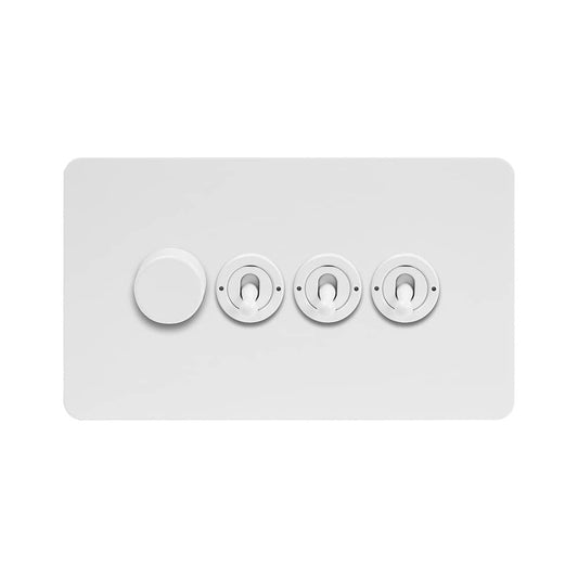 The Eldon Collection White Metal Flat Plate 4 Gang Switch with 1 Dimmer (1x150W LED Dimmer 3x20A 2 Way Toggle)