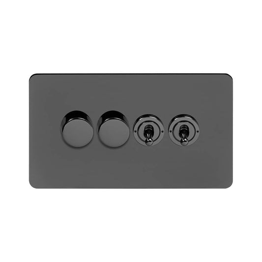 The Connaught Collection Black Nickel Flat Plate 4 Gang Switch with 2 Dimmers (2x150W LED Dimmer 2x20A 2 Way Toggle)
