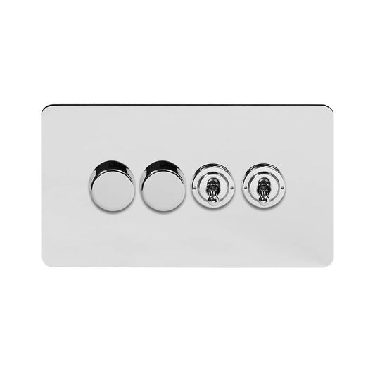 The Finsbury Collection Polished Chrome Flat Plate 4 Gang Switch with 2 Dimmers (2x150W LED Dimmer 2x20A 2 Way Toggle)