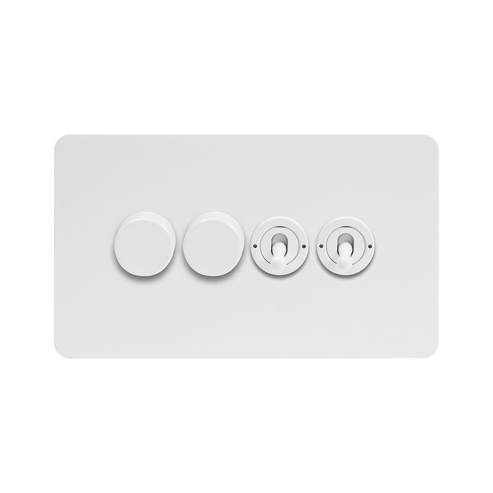 The Eldon Collection White Metal Flat Plate 4 Gang Switch with 2 Dimmers (2x150W LED Dimmer 2x20A 2 Way Toggle)