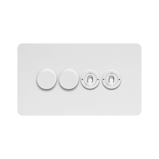 The Eldon Collection White Metal Flat Plate 4 Gang Switch with 2 Dimmers (2x150W LED Dimmer 2x20A 2 Way Toggle)