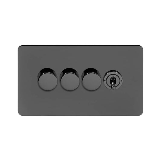 The Connaught Collection Black Nickel Flat Plate 4 Gang Switch with 3 Dimmers (3x150W LED Dimmer 1x20A 2 Way Toggle)