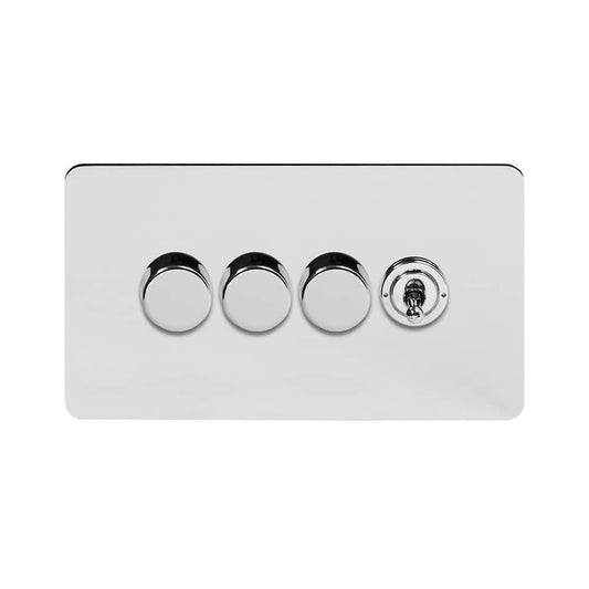 The Finsbury Collection Polished Chrome Flat Plate 4 Gang Switch with 3 Dimmers (3x150W LED Dimmer 1x20A 2 Way Toggle)
