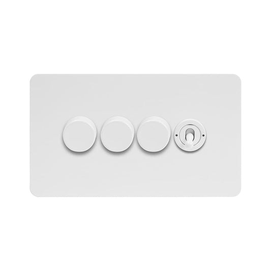 The Eldon Collection White Metal Flat Plate 4 Gang Switch with 3 Dimmers (3x150W LED Dimmer 1x20A 2 Way Toggle)