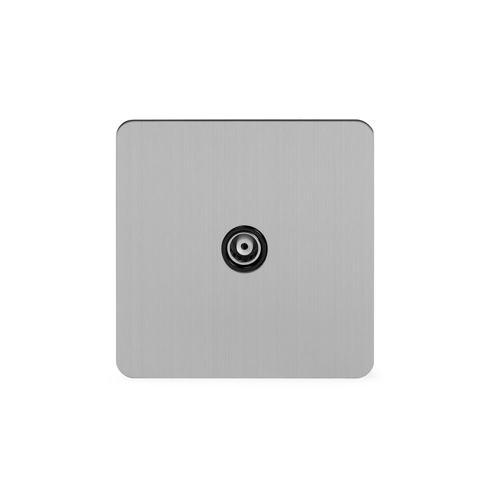 The Lombard Collection Brushed Chrome Flat Plate 1 Gang TV Aerial Socket Blk Ins Screwless