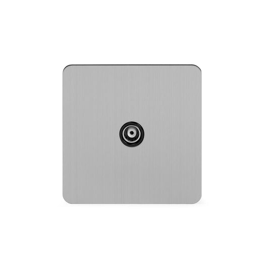The Lombard Collection Brushed Chrome Flat Plate 1 Gang TV Aerial Socket Blk Ins Screwless