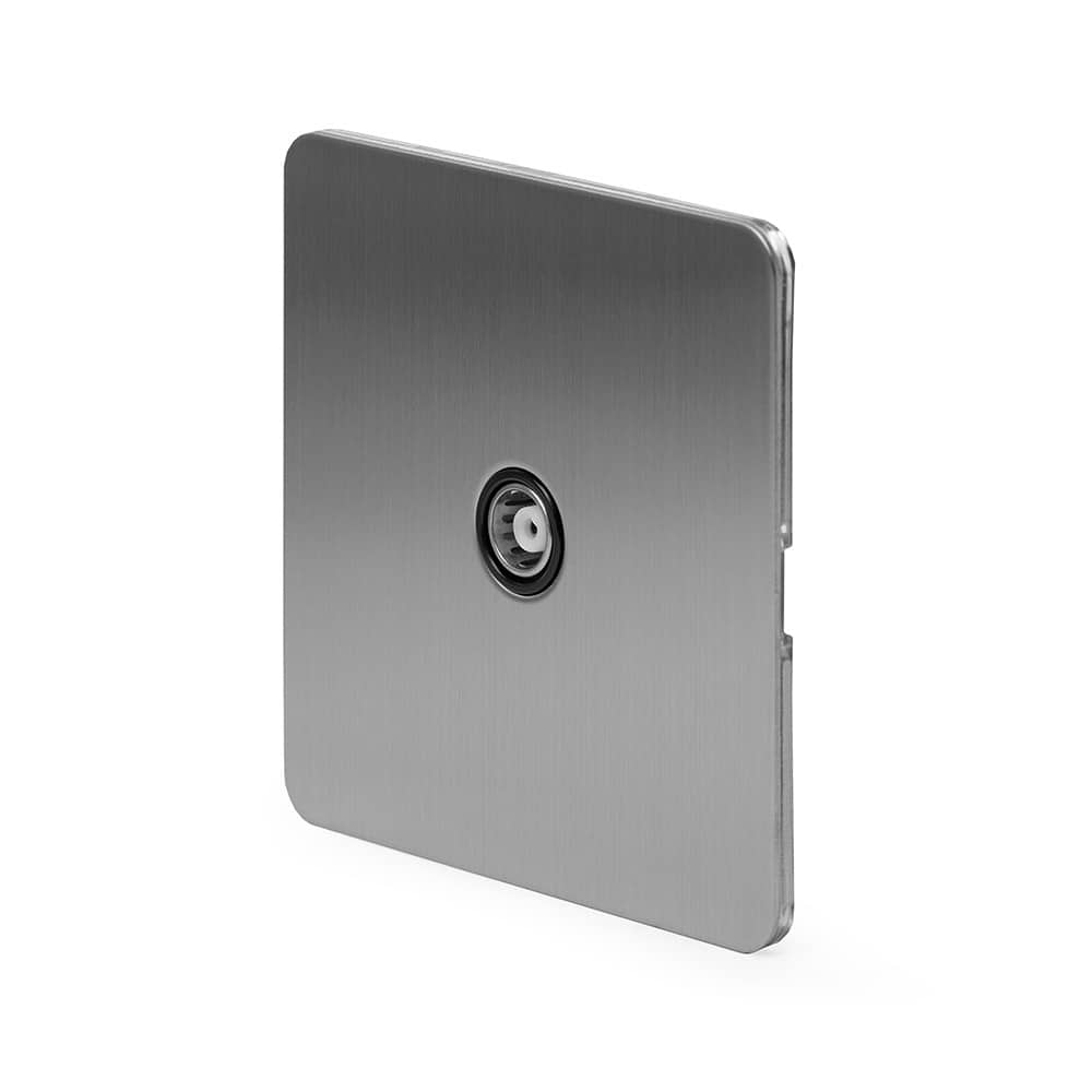 The Lombard Collection Brushed Chrome Flat Plate 1 Gang TV Aerial Socket Blk Ins Screwless
