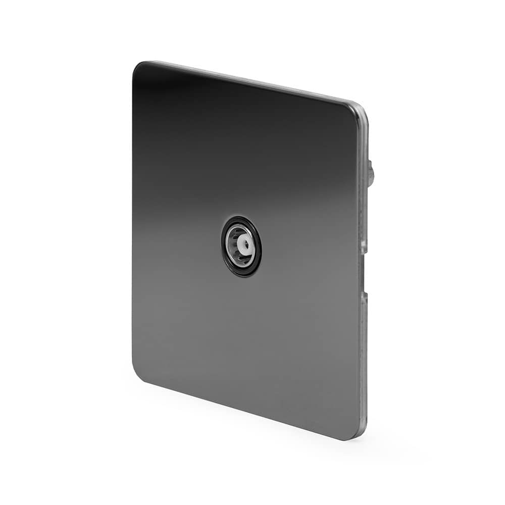 The Connaught Collection Black Nickel Flat Plate 1 Gang TV Aerial Socket Blk Ins Screwless