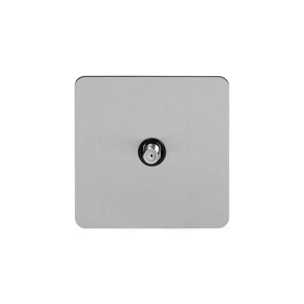 The Lombard Collection Brushed Chrome Flat Plate 1 Gang Satellite Socket Blk Ins Screwless