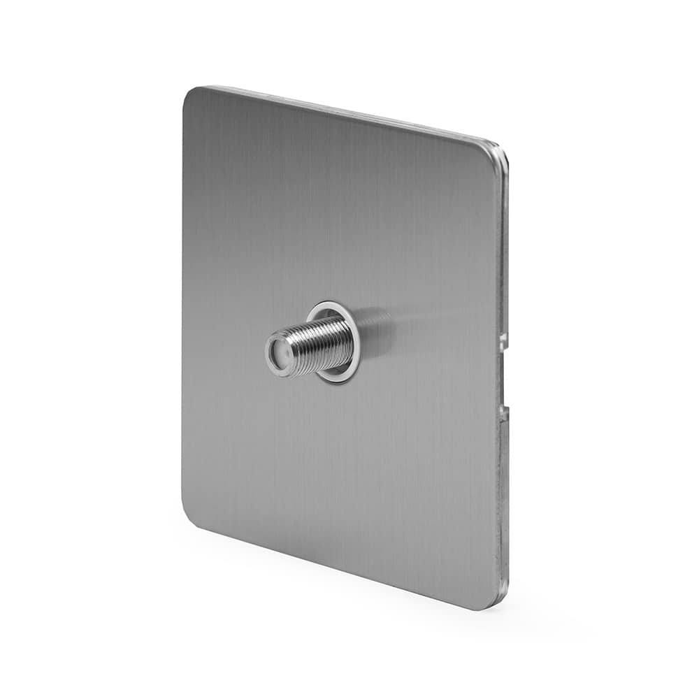 The Lombard Collection Brushed Chrome Flat Plate 1 Gang Satellite Socket Wht Ins Screwless