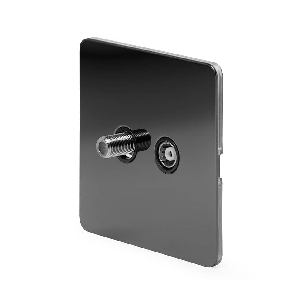 The Connaught Collection Black Nickel Flat Plate TV+ Satellite Socket Blk Ins Screwless